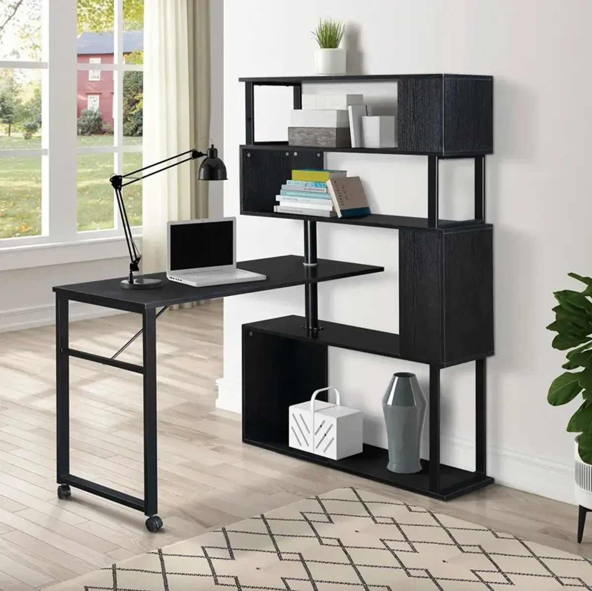 L-Shaped Desk with Rotating Table and Bookshelf