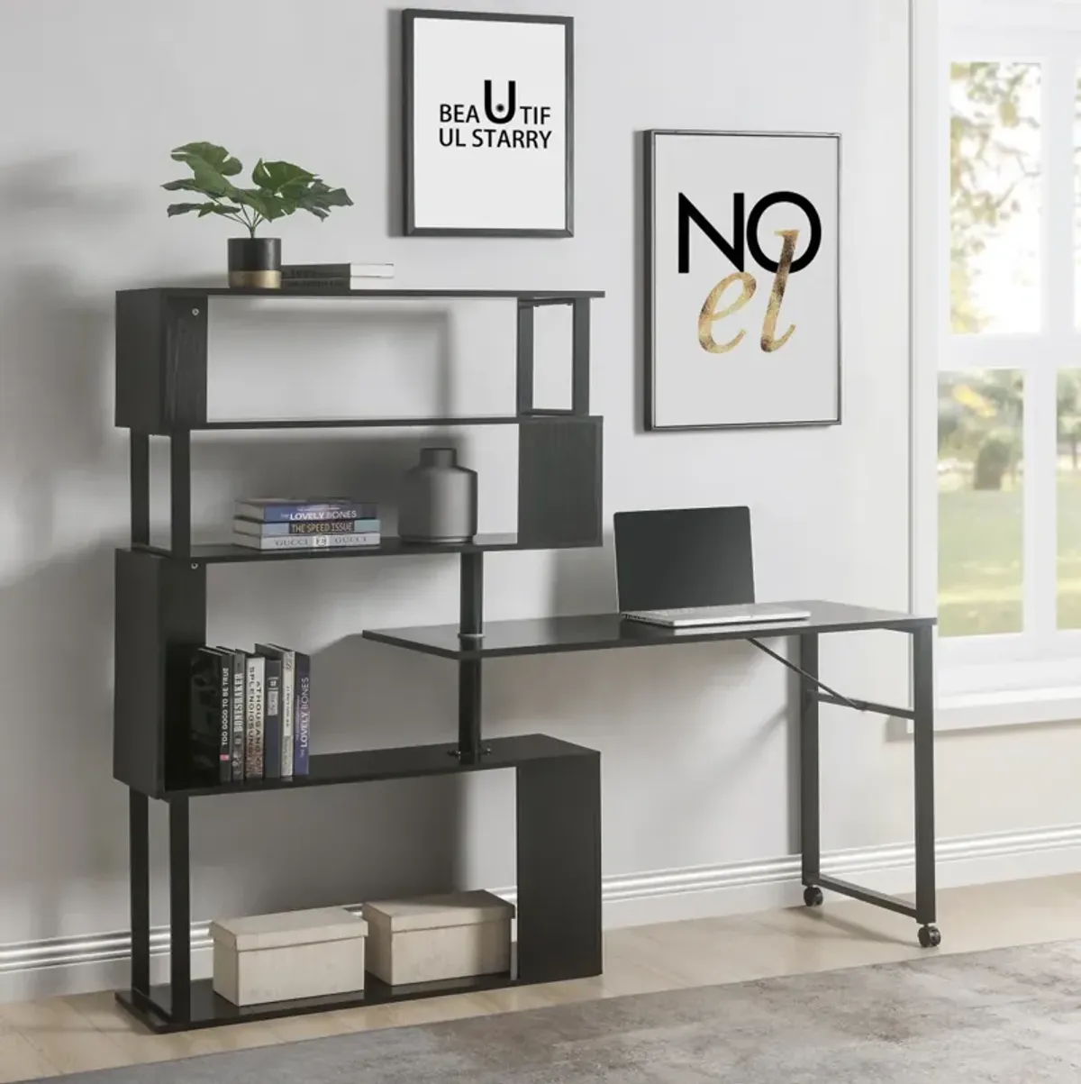 L-Shaped Desk with Rotating Table and Bookshelf