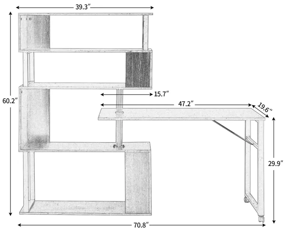 L-Shaped Desk with Rotating Table and Bookshelf