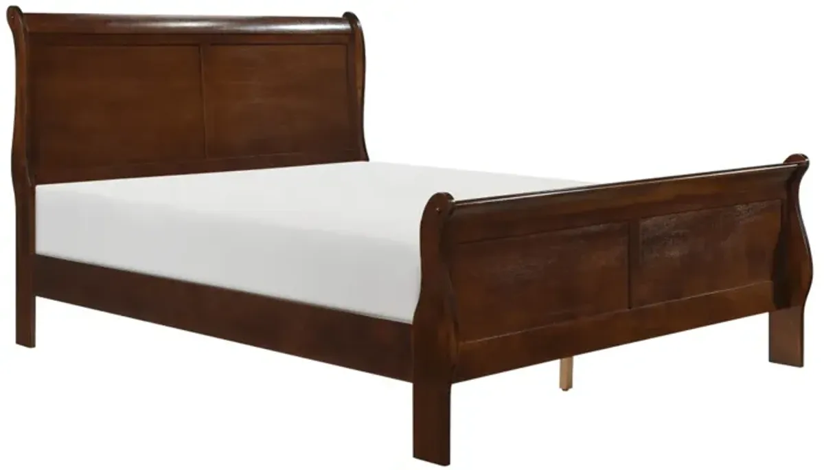 Gage Traditional Queen Sleigh Bed, Wood Frame, Rich Brown Cherry Finish-Benzara