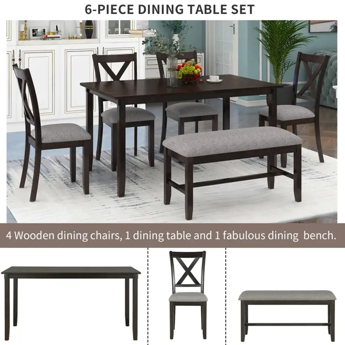 6-Piece Kitchen Dining Table Set Wooden Rectangular Dining Table, 4 Fabric Chairs and Bench Family Furniture