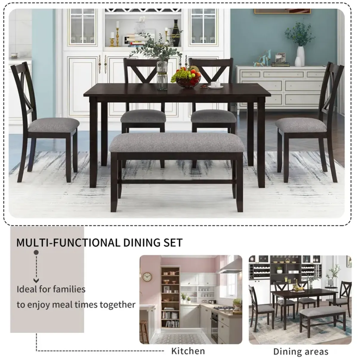 6-Piece Kitchen Dining Table Set Wooden Rectangular Dining Table, 4 Fabric Chairs and Bench Family Furniture