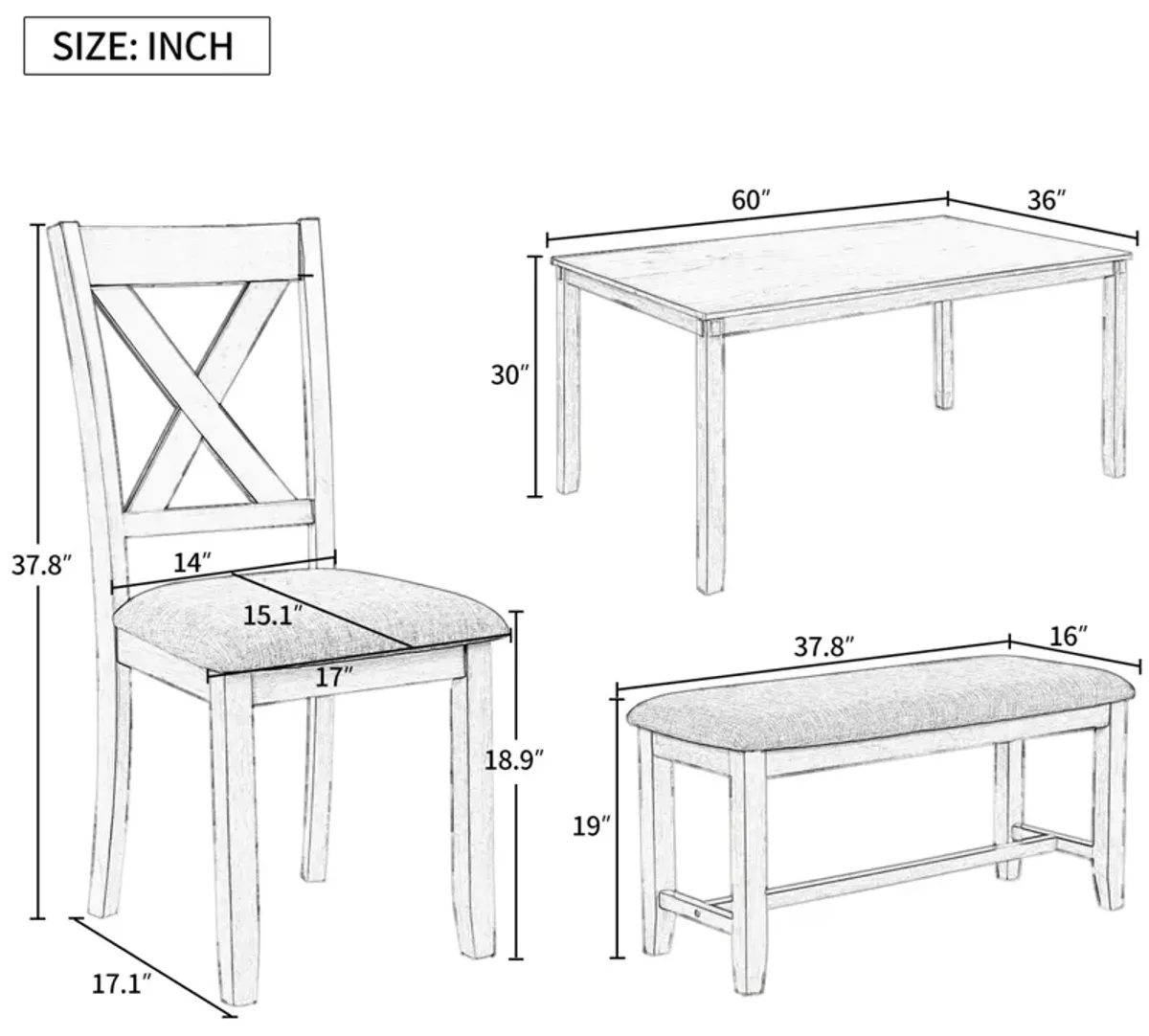 6-Piece Kitchen Dining Table Set Wooden Rectangular Dining Table, 4 Fabric Chairs and Bench Family Furniture