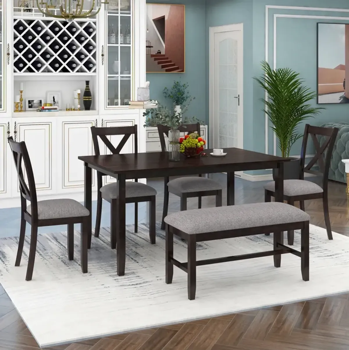 6-Piece Kitchen Dining Table Set Wooden Rectangular Dining Table, 4 Fabric Chairs and Bench Family Furniture