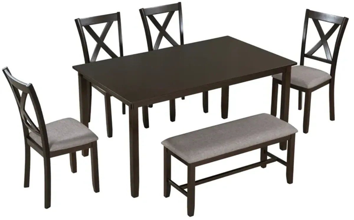 6-Piece Kitchen Dining Table Set Wooden Rectangular Dining Table, 4 Fabric Chairs and Bench Family Furniture