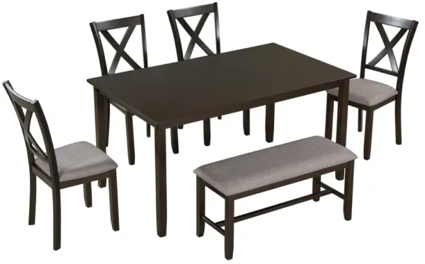 6-Piece Kitchen Dining Table Set Wooden Rectangular Dining Table, 4 Fabric Chairs and Bench Family Furniture
