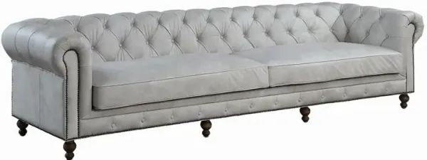 Ferry 122 Inch Chesterfield Sofa, Off White Tufted Top Grain Leather - Benzara