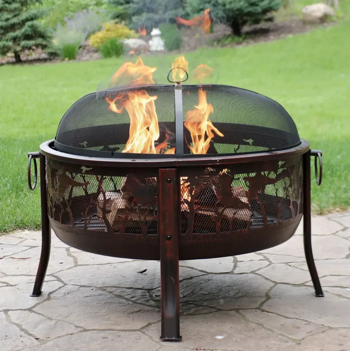 Sunnydaze 30 in Pheasant Hunting Steel Fire Pit with Spark Screen - Bronze