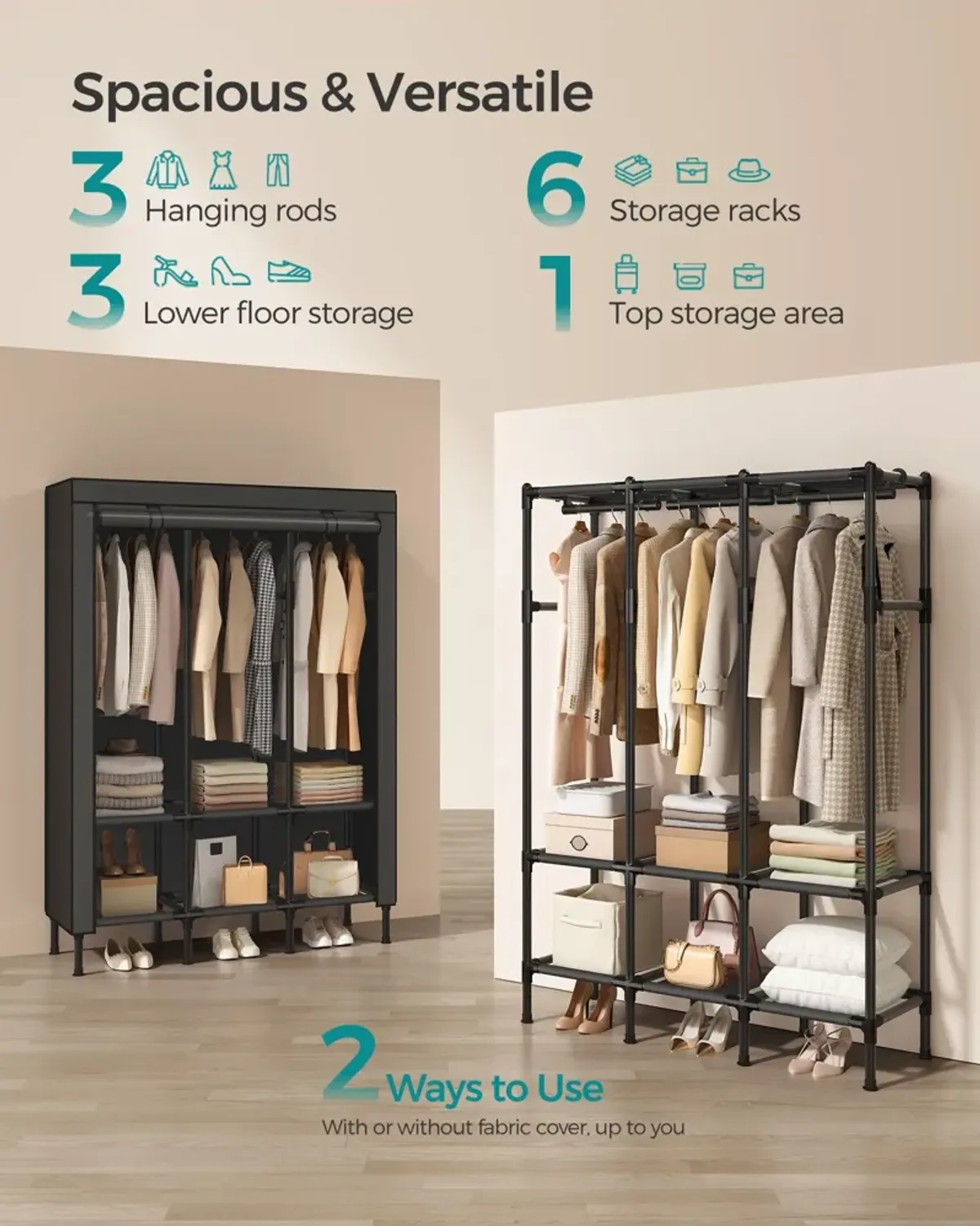 Spacious Wardrobe Closet with Hanging Rails for Organized Clothing Storage