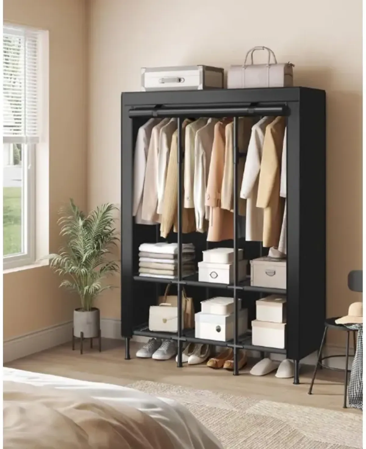 Spacious Wardrobe Closet with Hanging Rails for Organized Clothing Storage