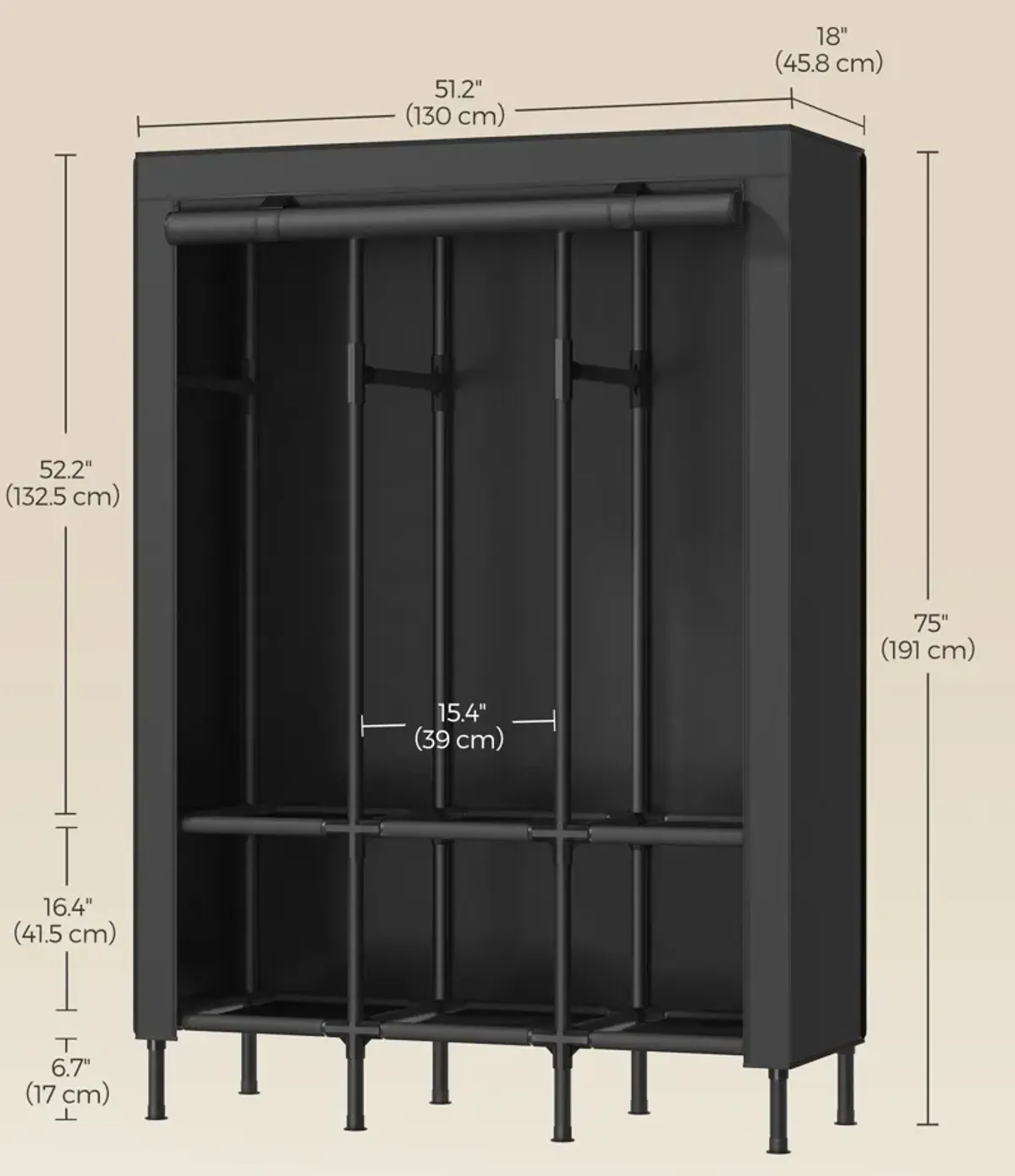 Spacious Wardrobe Closet with Hanging Rails for Organized Clothing Storage