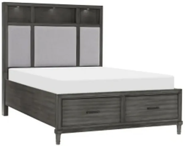 Celia Queen Platform Bed, 2 Drawers, Shelves on Headboard, Pebble Gray - Benzara