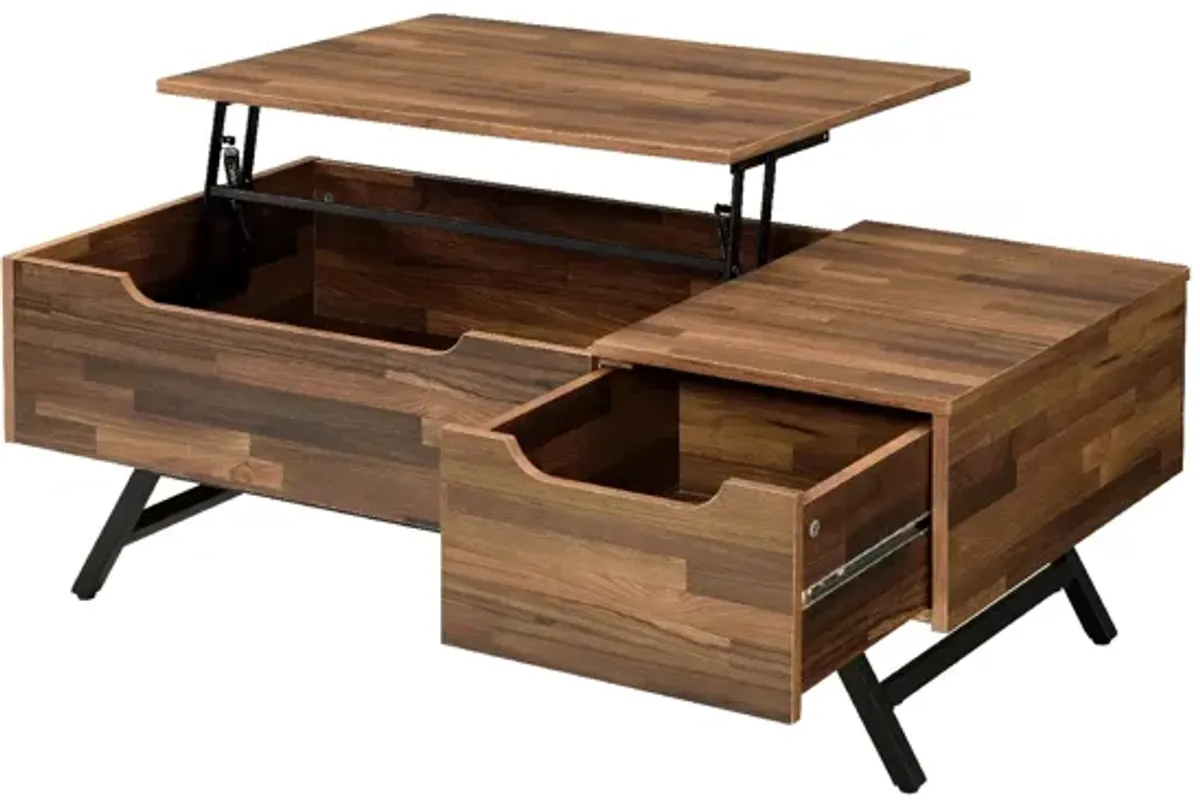 Wooden Coffee Table with Lift Top Storage and 1 Drawer, Walnut Brown-Benzara