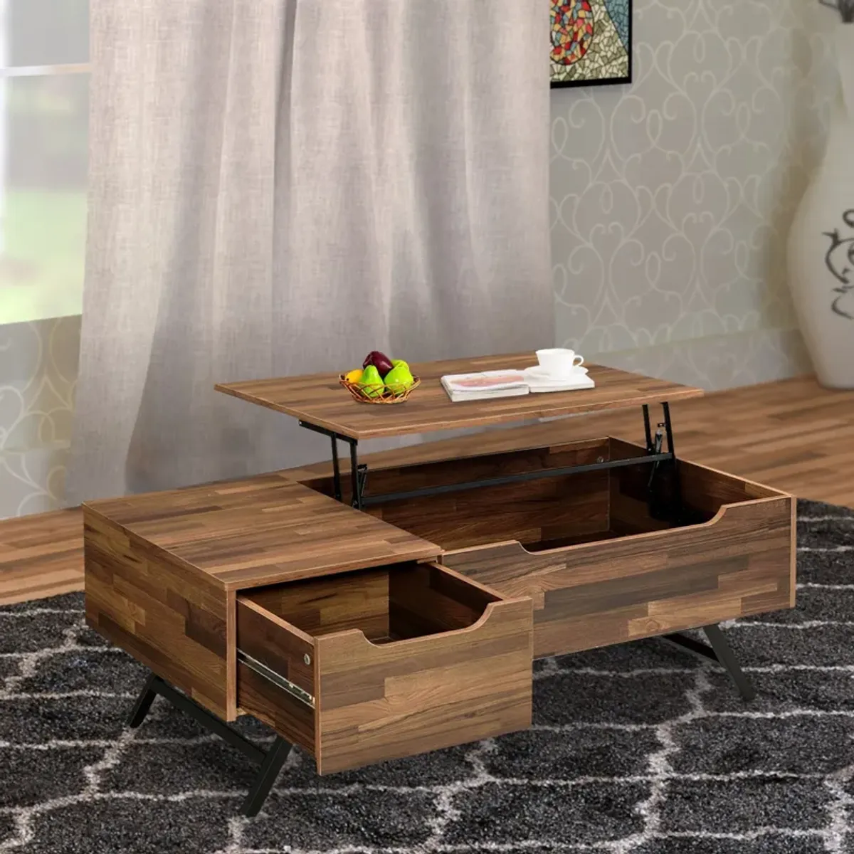 Wooden Coffee Table with Lift Top Storage and 1 Drawer, Walnut Brown-Benzara