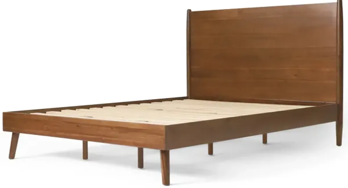 Ozzy Queen Size Bed, Panel Headboard Design, Rich Brown Acacia Wood - Benzara