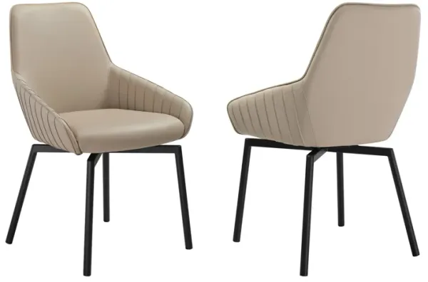 Shin 23 Inch Swivel Dining Chair Set of 2, Curved, Beige Faux Leather Black - Benzara