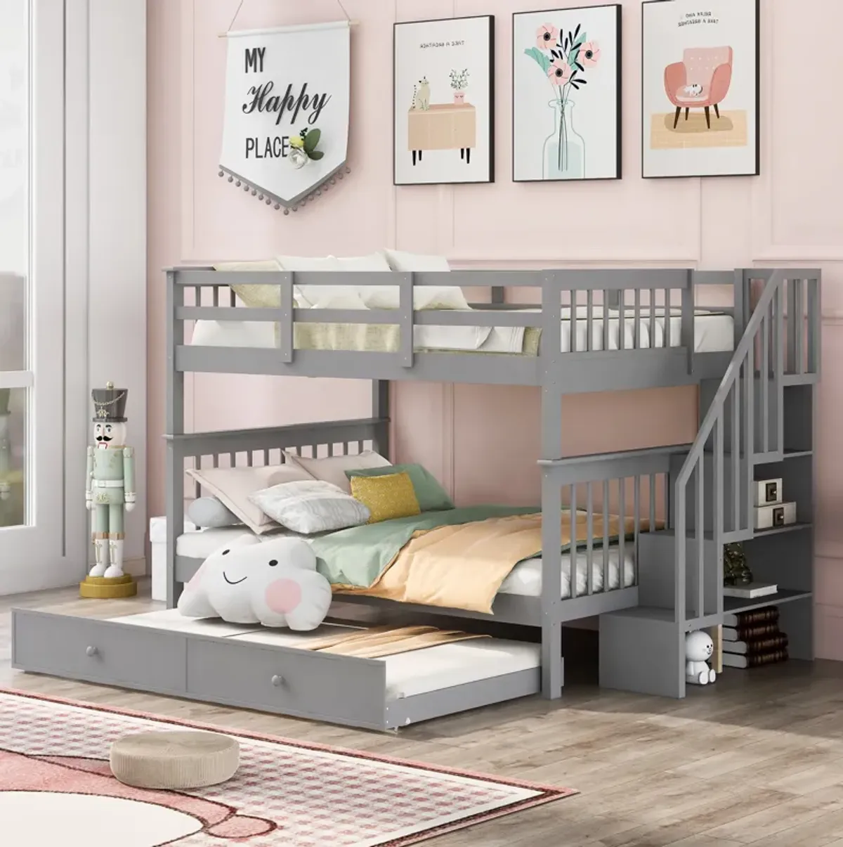 Merax Storage Bunk Bed Trundle Bed with Guard Rail