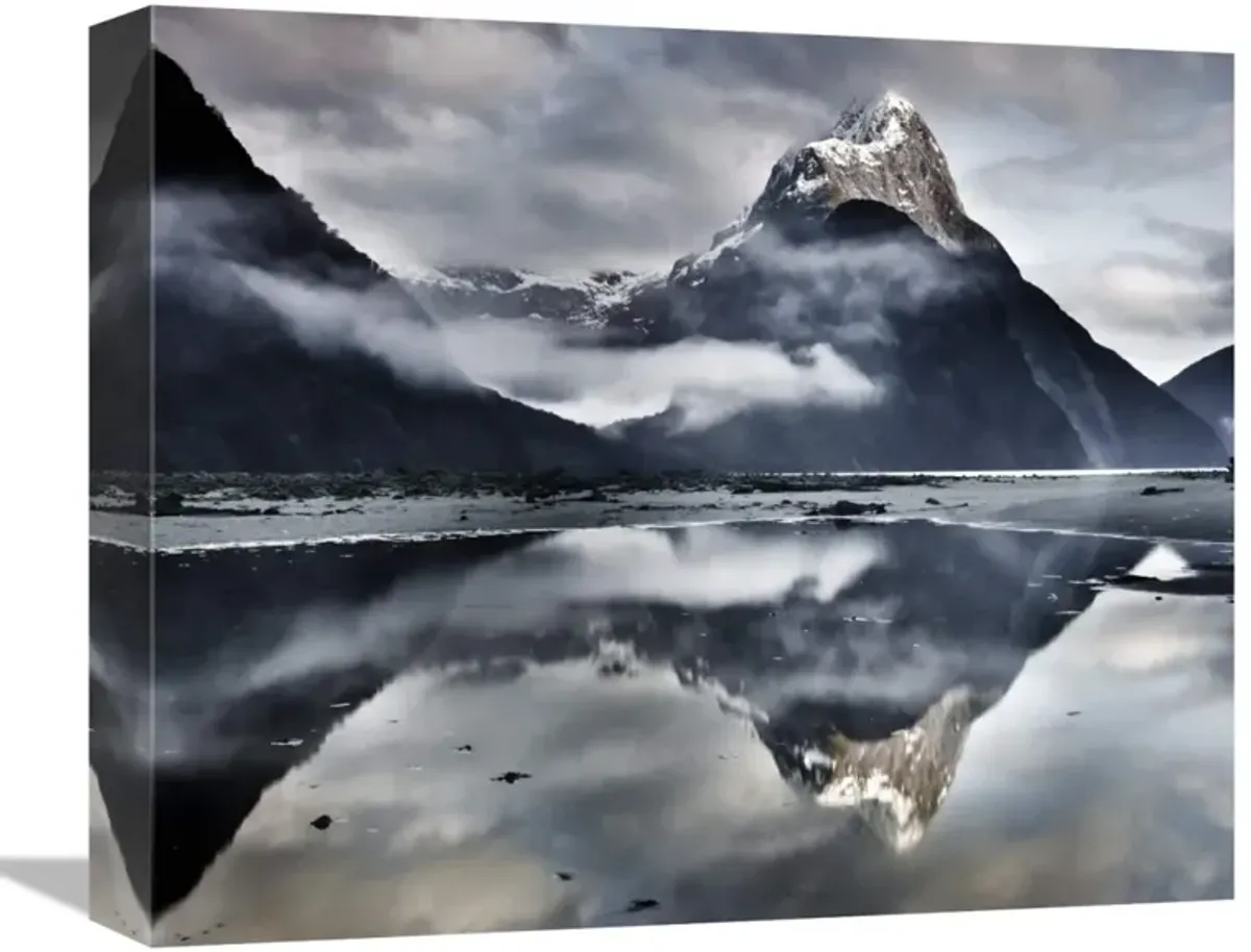 Mitre Peak reflecting in Milford Sound in winter at dawn, Fiordland National Park, New Zealand-Canvas Art-16x13.28