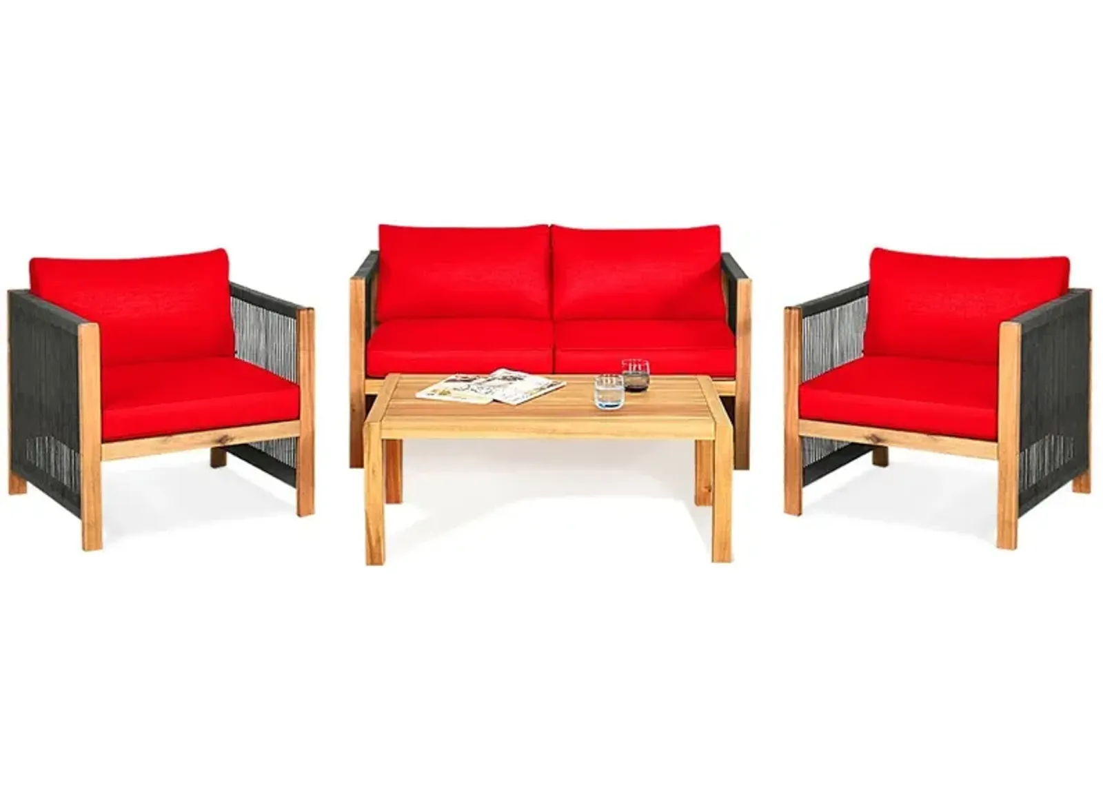 4 Pieces Acacia Wood Sofa Set with Cushions for Outdoor Patio