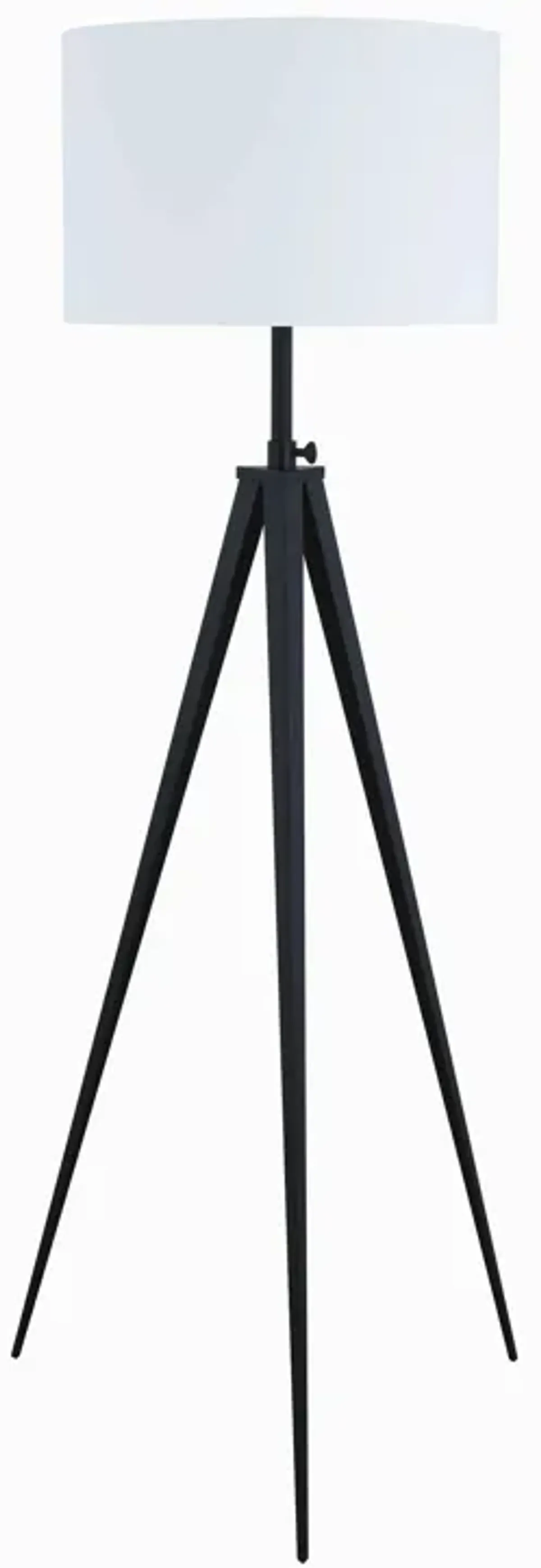 Height Adjustable Metal Tripod Floor Lamp with Fabric Shade, White and Black-Benzara