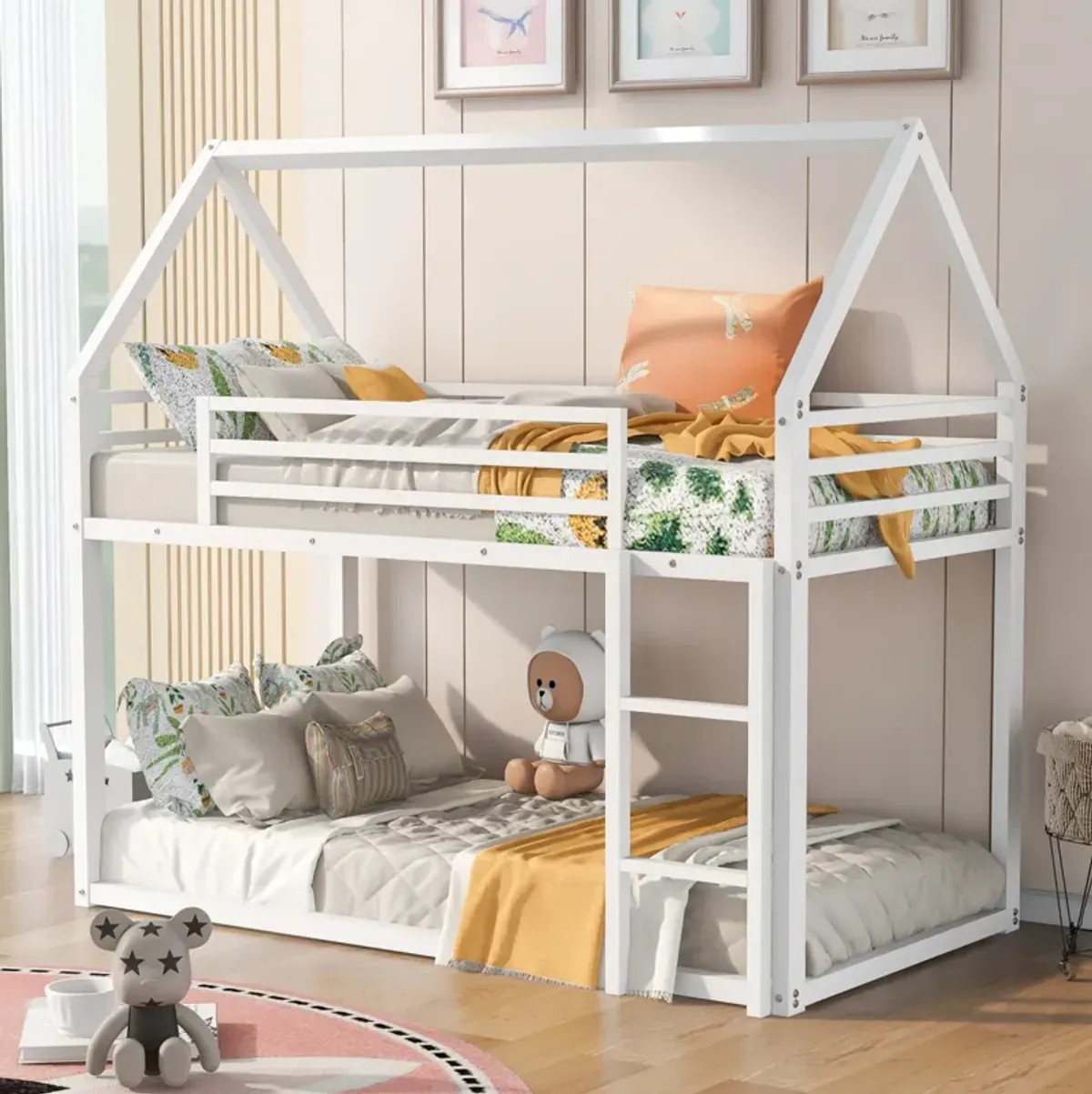 Twin over Twin House Bunk Bed with Built-in Ladder