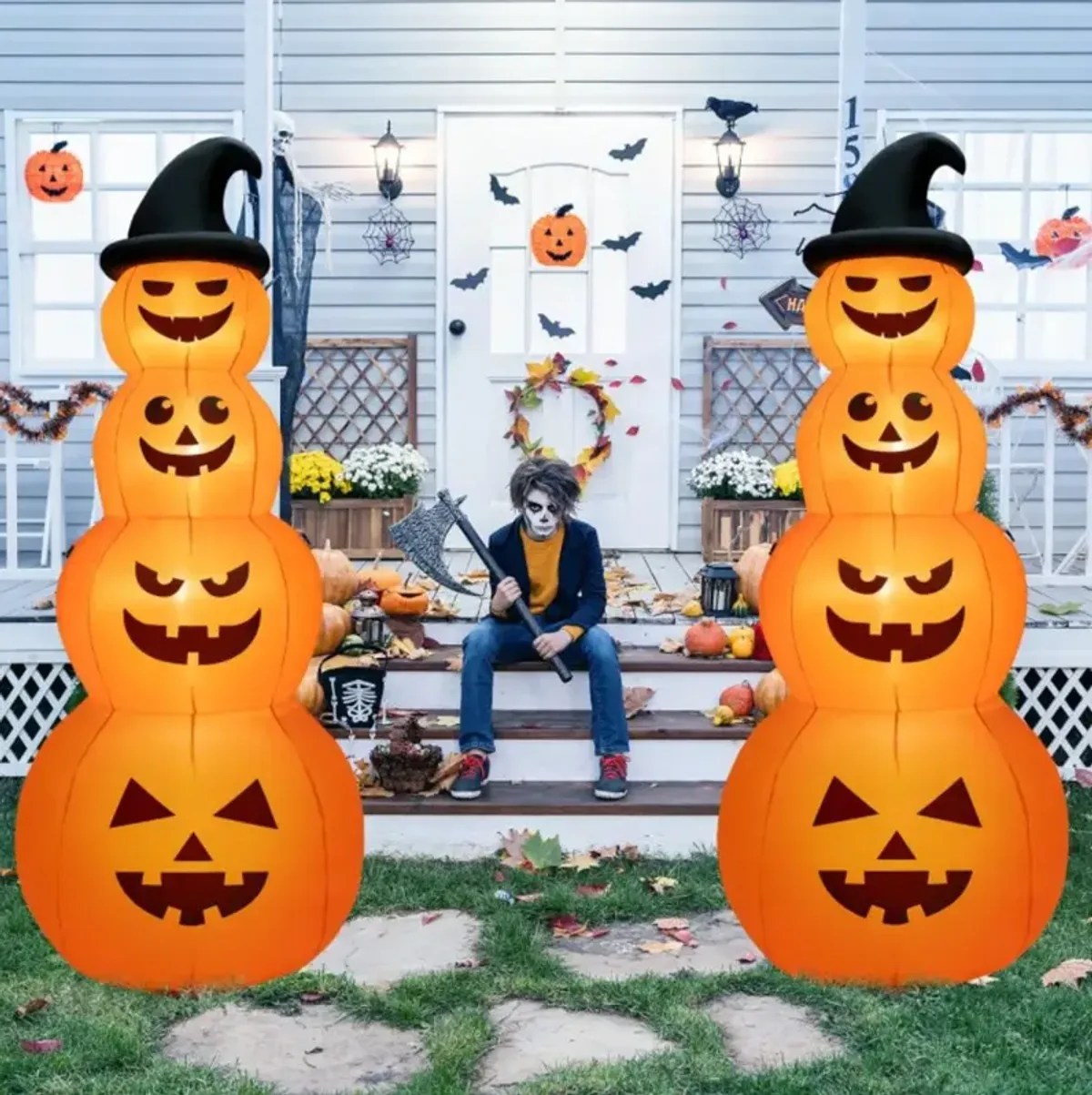 Hivvago 8 Feet Inflatable Halloween Pumpkins Stack with Built-in LED Lights