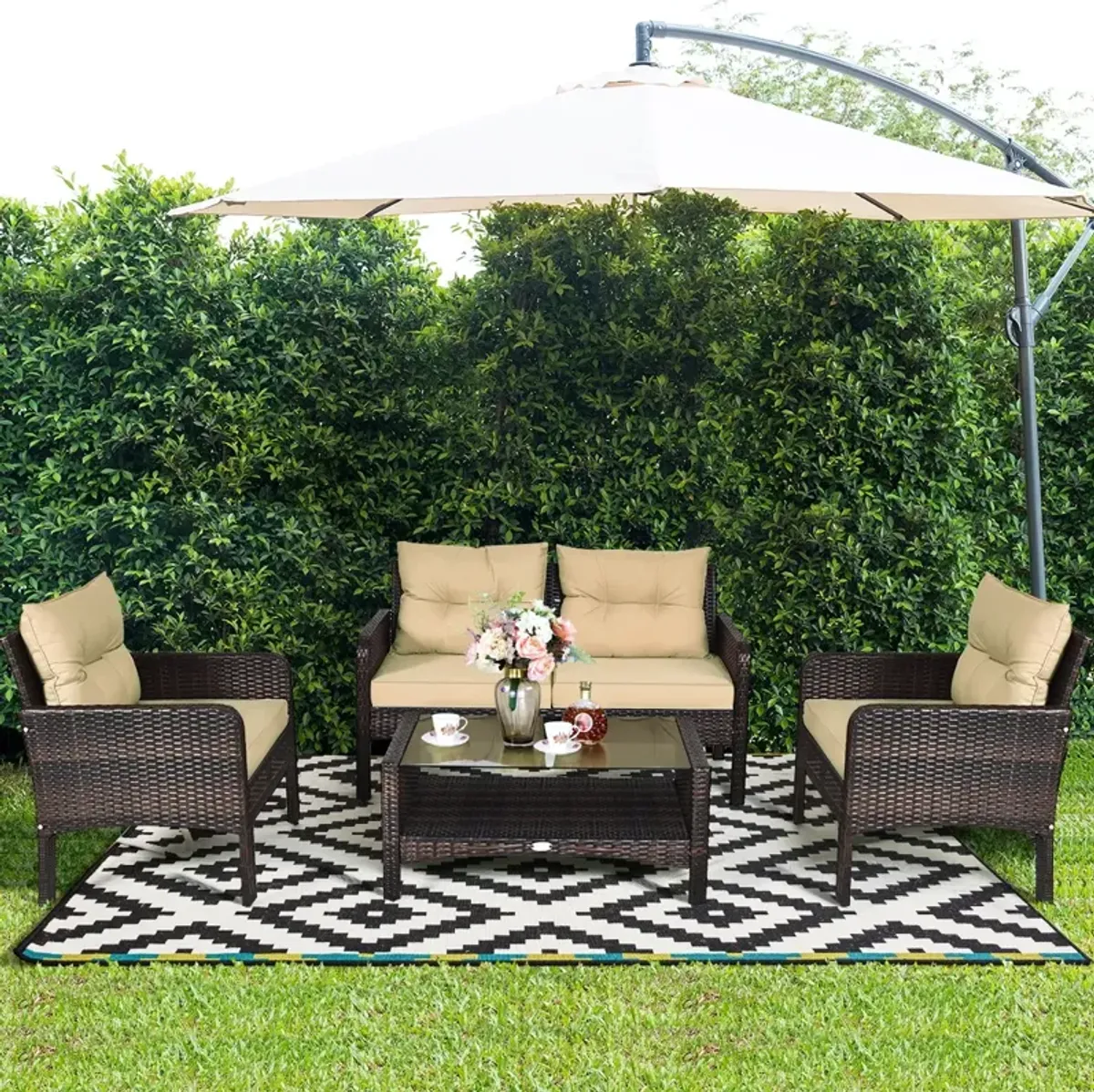 4 Pieces Outdoor Rattan Wicker Loveseat Furniture Set with Cushions