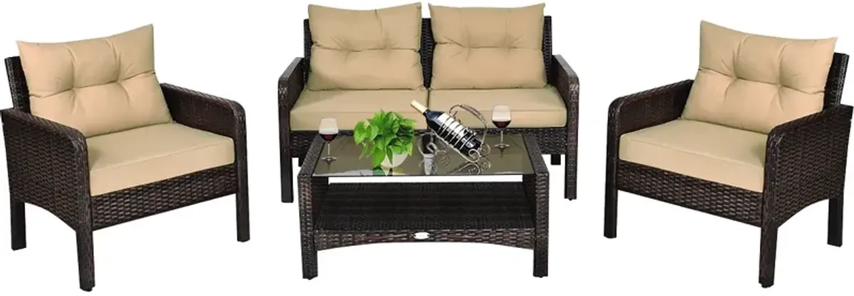 4 Pieces Outdoor Rattan Wicker Loveseat Furniture Set with Cushions