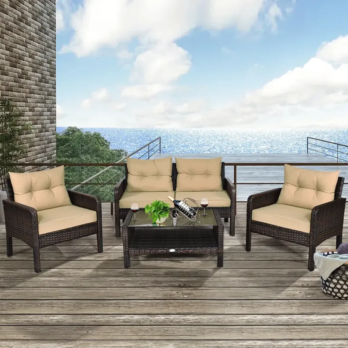 4 Pieces Outdoor Rattan Wicker Loveseat Furniture Set with Cushions