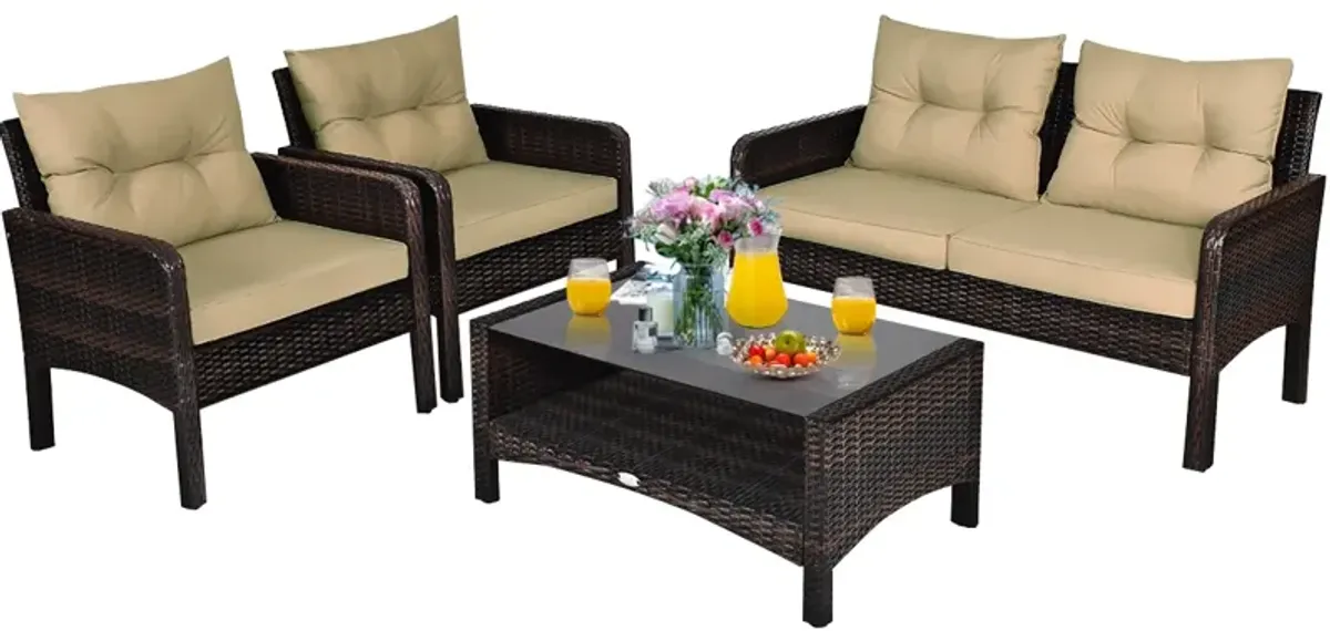 4 Pieces Outdoor Rattan Wicker Loveseat Furniture Set with Cushions