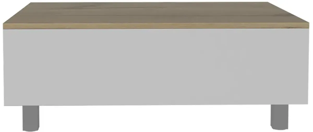 Homezia 32" White And Light Oak Manufactured Wood Rectangular Lift Top Coffee Table With Drawer And Shelf