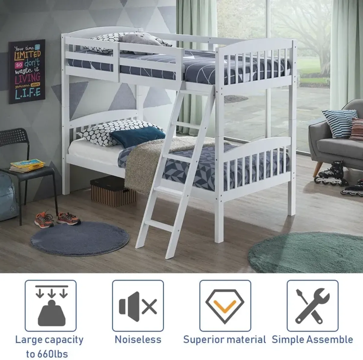 Hardwood Twin Bunk Bed Frames with Inclined Ladder and Safety Guardrails