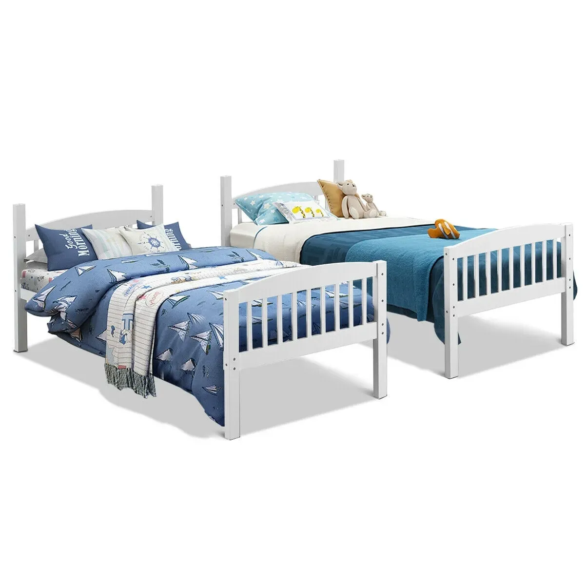 Hardwood Twin Bunk Bed Frames with Inclined Ladder and Safety Guardrails