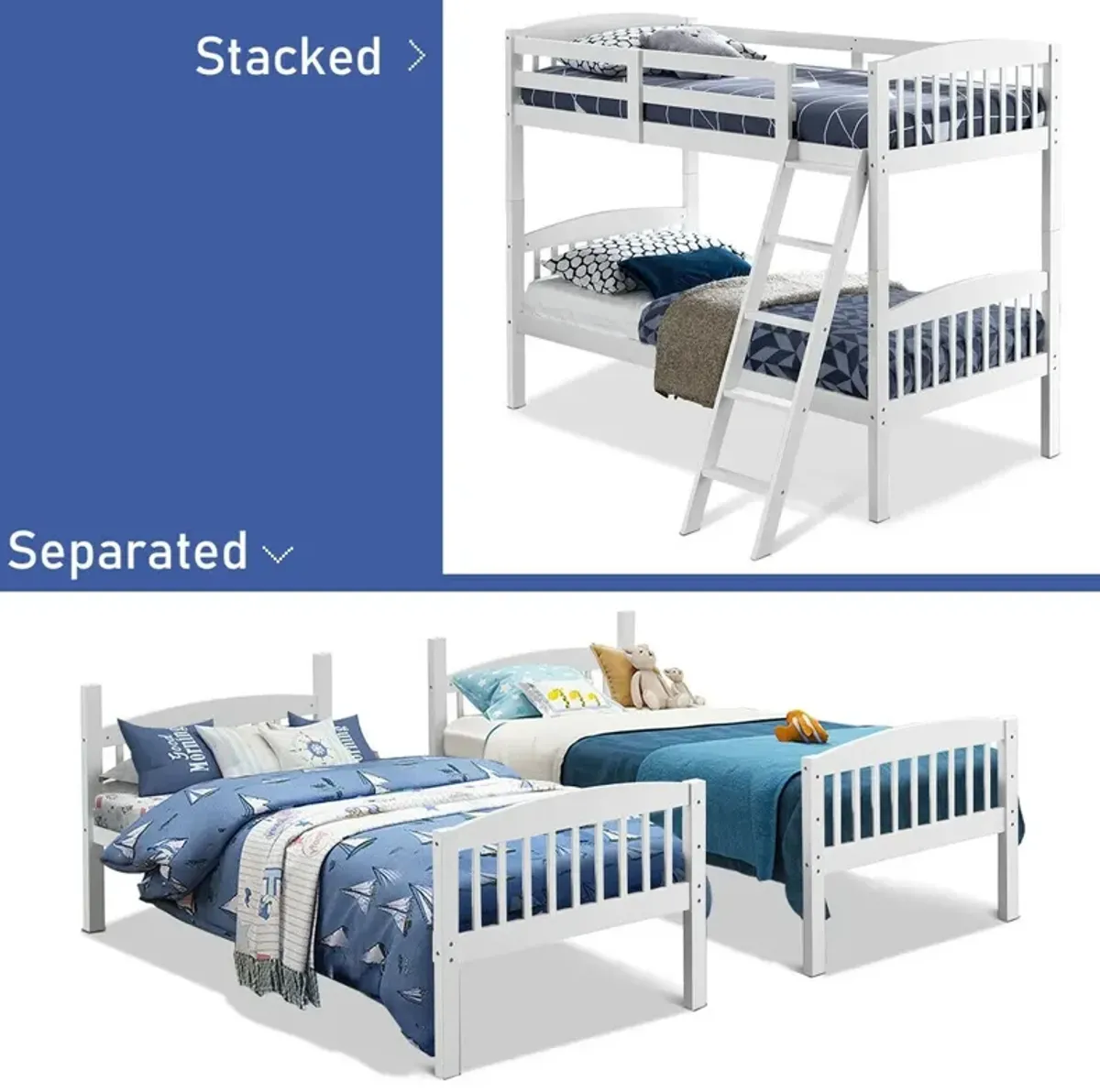 Hardwood Twin Bunk Bed Frames with Inclined Ladder and Safety Guardrails