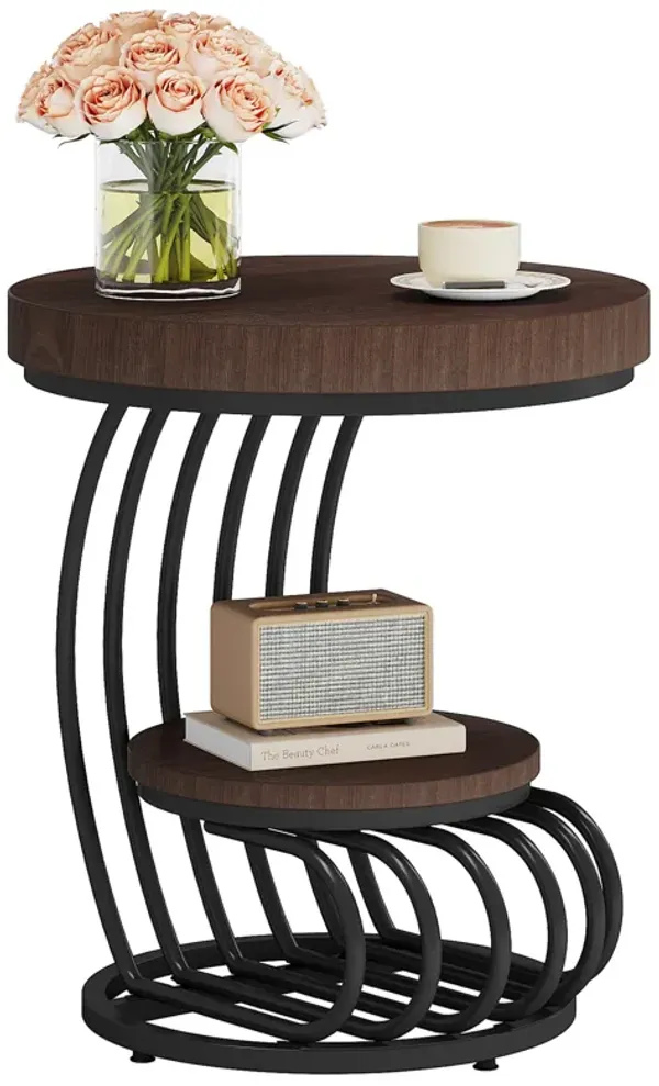 Tribesigns Round End Table, 2-Tier Farmhose Wood Side Table with Shelf Storage, Small Sofa Side Bedside Nightstand, Arc-Shaped Frame Accent Furniture for Living Room, Rustic Brown