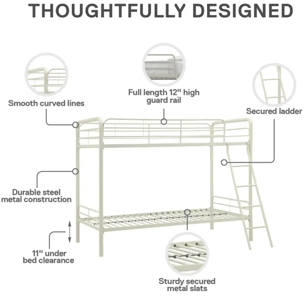 Atwater Living Eeva Twin over Twin Metal Bunk Bed with Rounded Safety Railings