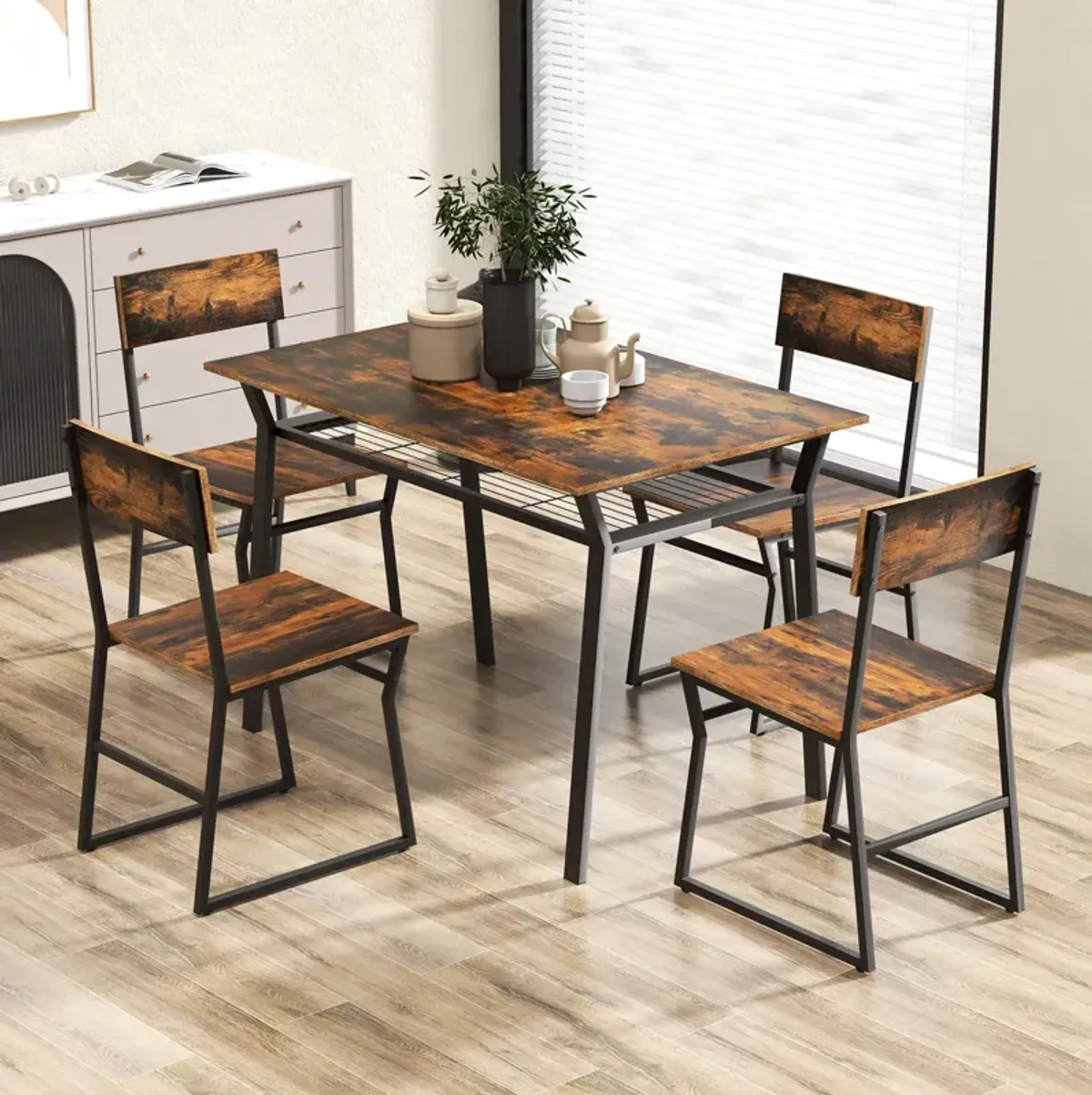 5 Piece Dining Table Set with Storage Rack and Metal Frame