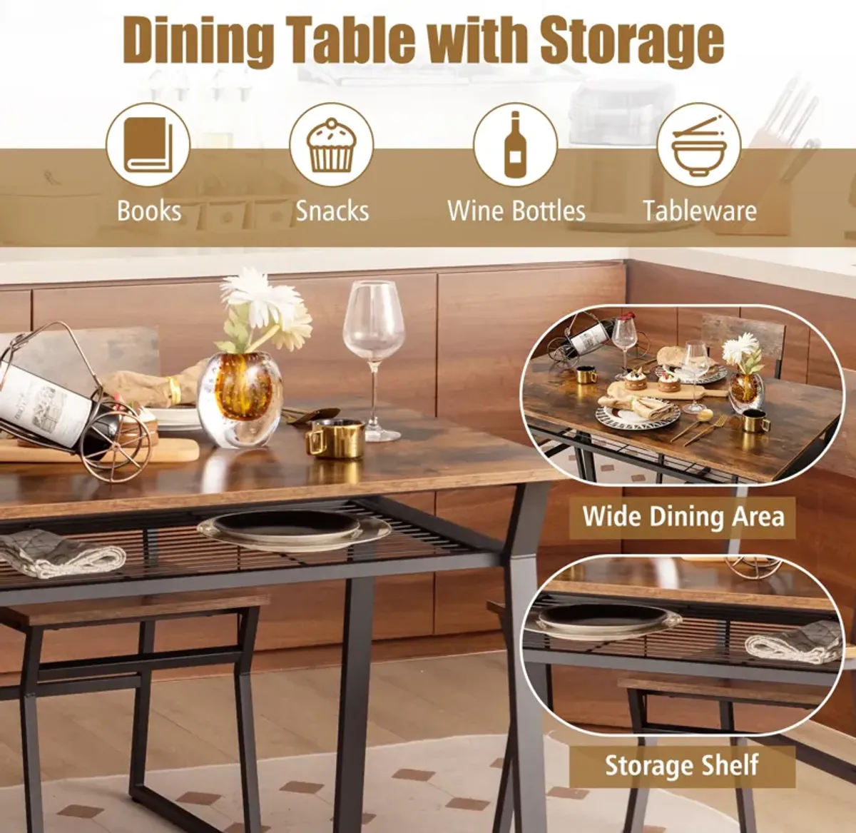 5 Piece Dining Table Set with Storage Rack and Metal Frame