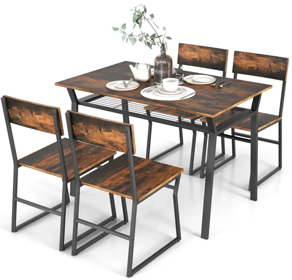 5 Piece Dining Table Set with Storage Rack and Metal Frame