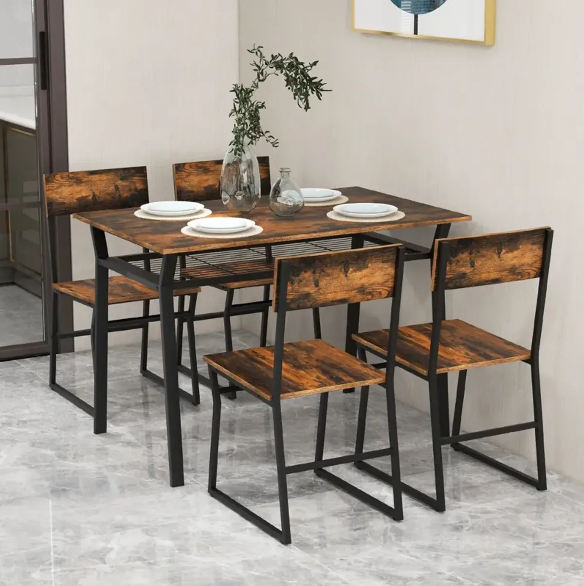 5 Piece Dining Table Set with Storage Rack and Metal Frame