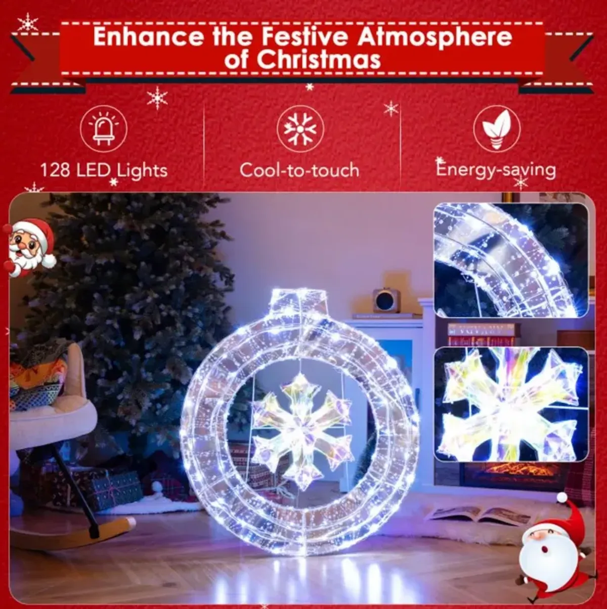 33 Inch Lighted Snowflake Wreath with Hanging Ring and Support Bracket