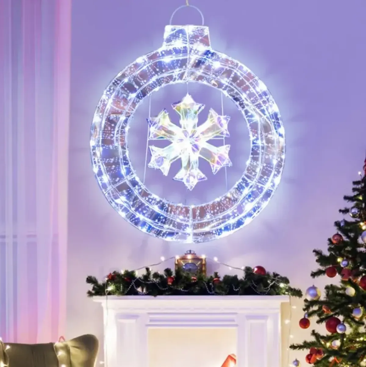 33 Inch Lighted Snowflake Wreath with Hanging Ring and Support Bracket