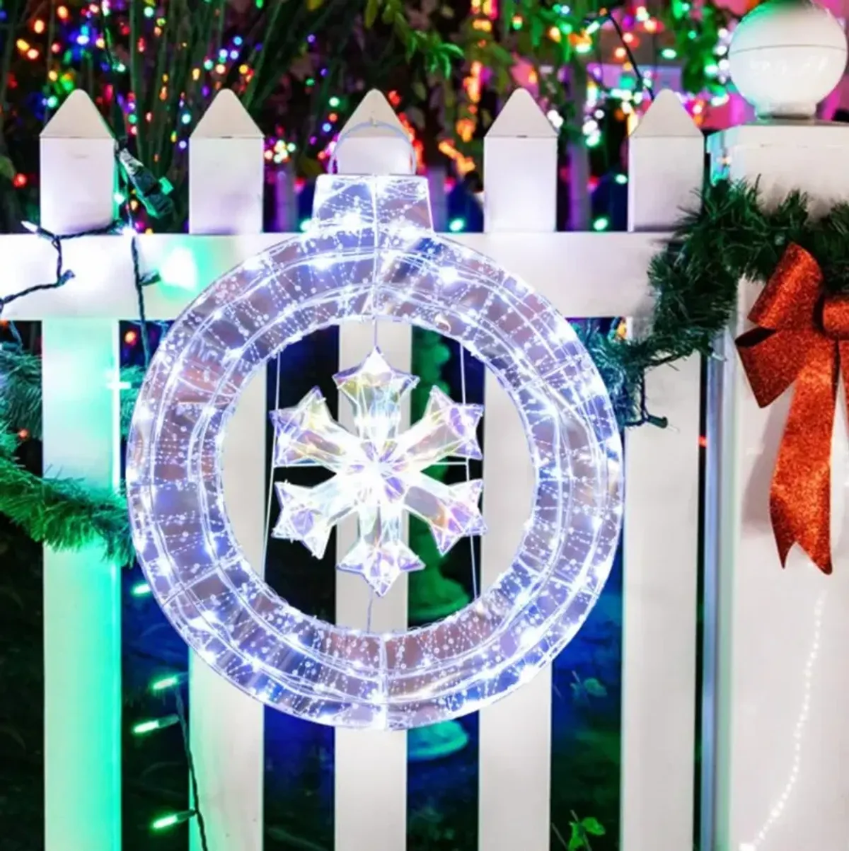 33 Inch Lighted Snowflake Wreath with Hanging Ring and Support Bracket