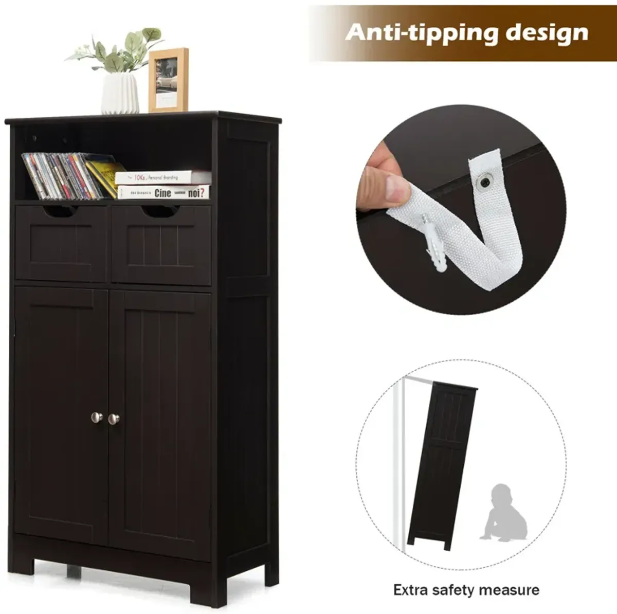 Costway Bathroom Floor Cabinet Wooden Storage Organizer w/Drawer Doors Espresso