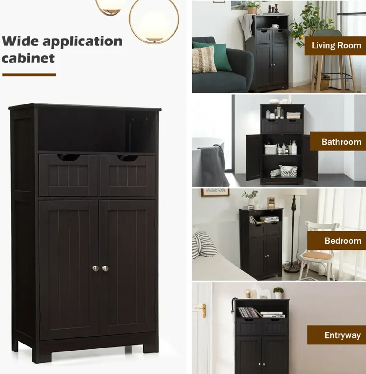 Costway Bathroom Floor Cabinet Wooden Storage Organizer w/Drawer Doors Espresso