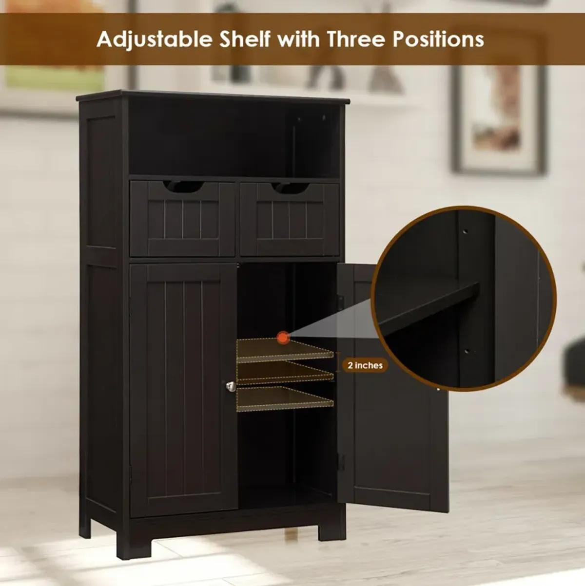 Costway Bathroom Floor Cabinet Wooden Storage Organizer w/Drawer Doors Espresso