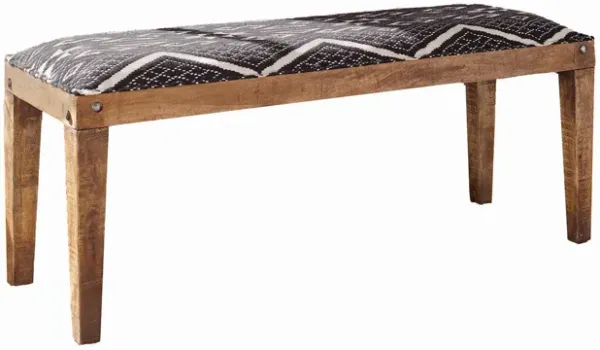 Fabric Upholstered Wooden Bench with Tapered Legs, Brown and Blue-Benzara