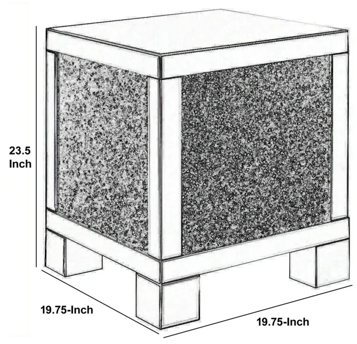 Wooden End Table with Infused Crystals on Mirrored Panel, Silver and Clear-Benzara