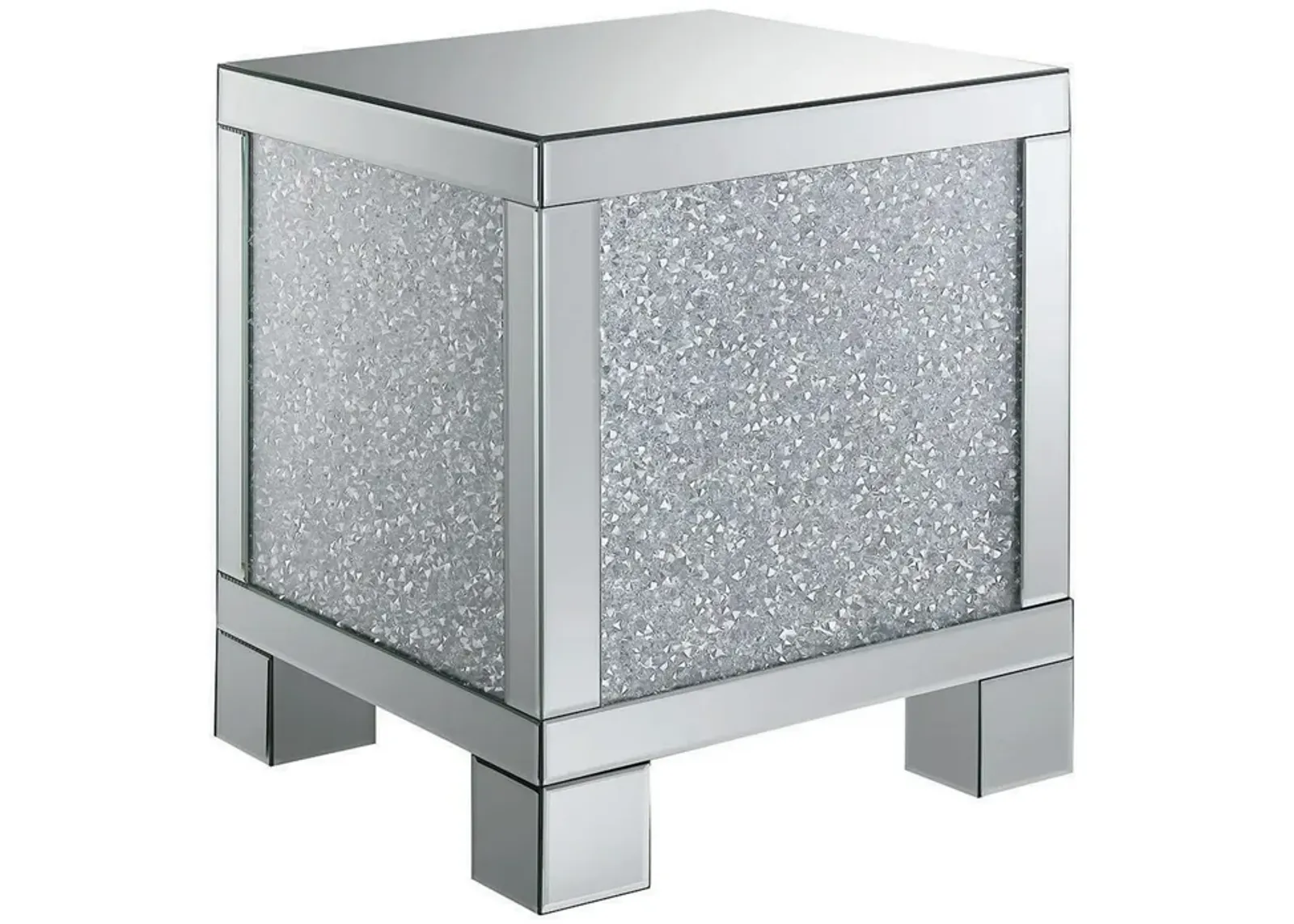 Wooden End Table with Infused Crystals on Mirrored Panel, Silver and Clear-Benzara