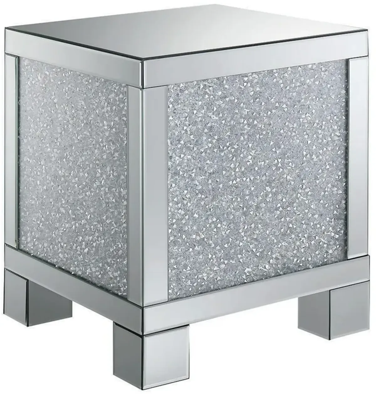 Wooden End Table with Infused Crystals on Mirrored Panel, Silver and Clear-Benzara